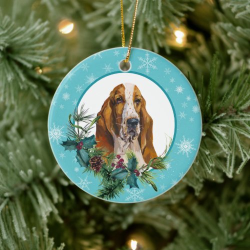 Basset Hound Evergreen Blue Snowflake Border Ceramic Ornament