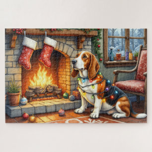 Basset Hound Fireplace with Christmas Lights Jigsaw Puzzle