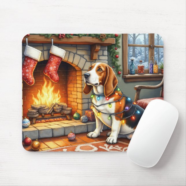 Basset Hound Fireplace with Christmas Lights Mouse Pad (With Mouse)