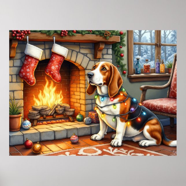 Basset Hound Fireplace with Christmas Lights Poster (Front)