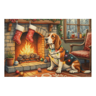 Basset Hound Fireplace with Christmas Lights Wood Wall Art