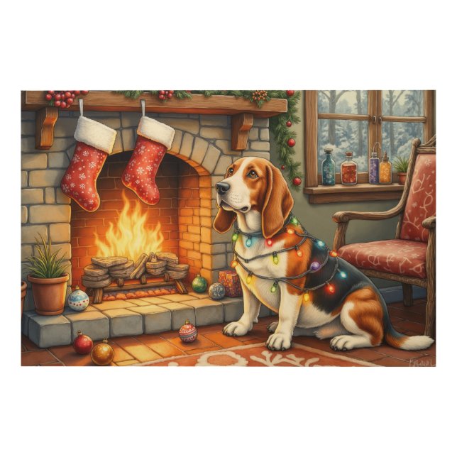 Basset Hound Fireplace with Christmas Lights Wood Wall Art (Front)