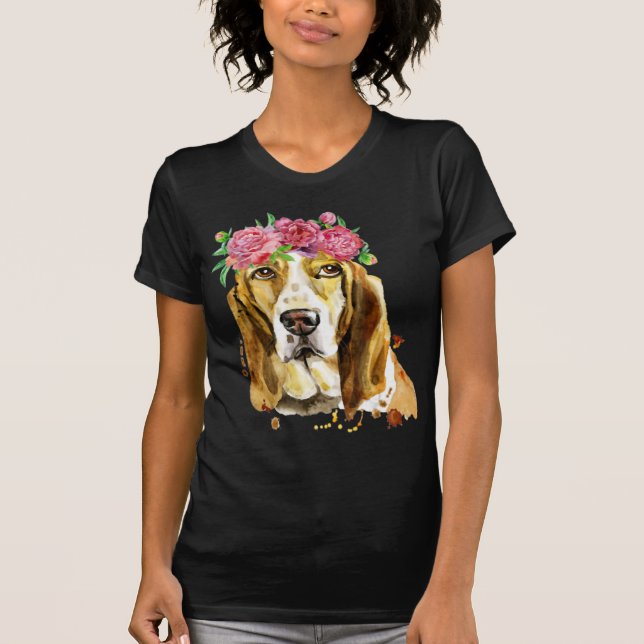 basset hound flower crown watercolor art design T-Shirt (Front)