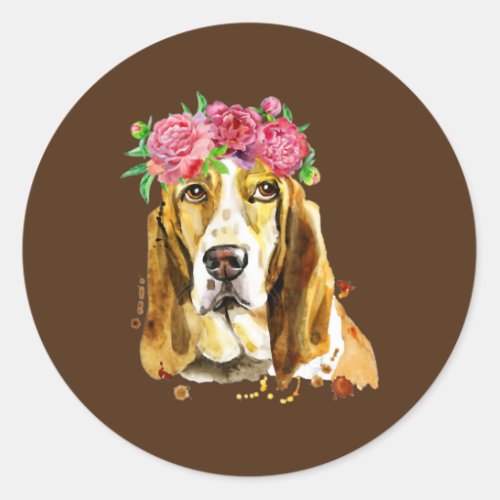 Basset hound flower crown watercolor art dog mom classic round sticker