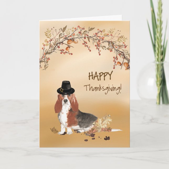 Basset Hound Funny Pilgrim Hat Thanksgiving Card (Front)