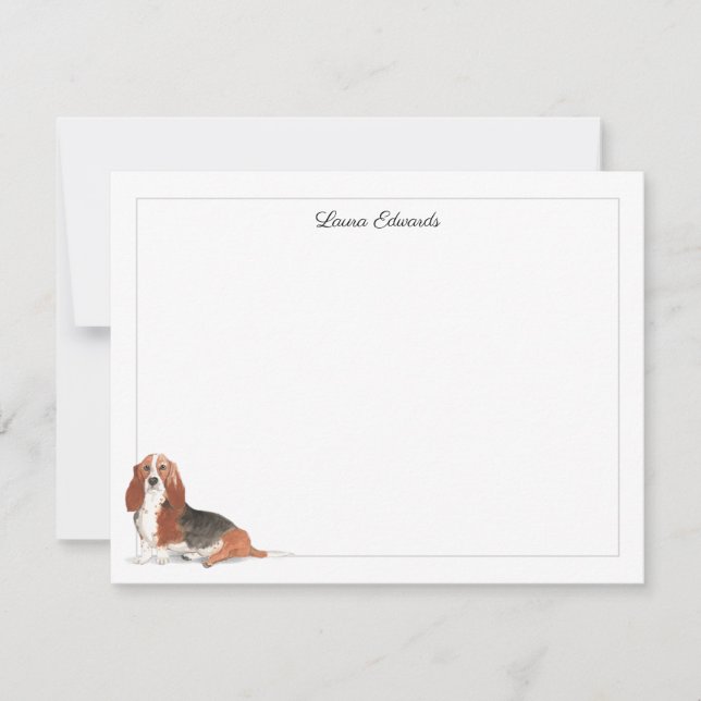 Basset Hound Gray Border Personalized Note Card (Front)