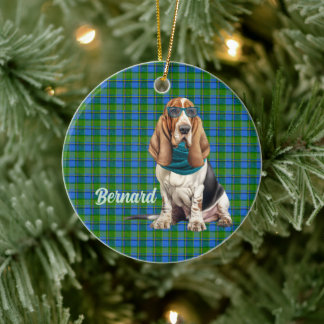 Basset Hound Green Blue Plaid Personalized Photo Ceramic Ornament