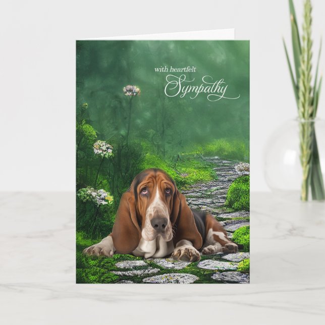 Basset Hound Green Garden Path Pet Sympathy Card (Front)
