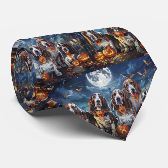 Basset Hound Halloween Spooky Neck Tie (Rolled)