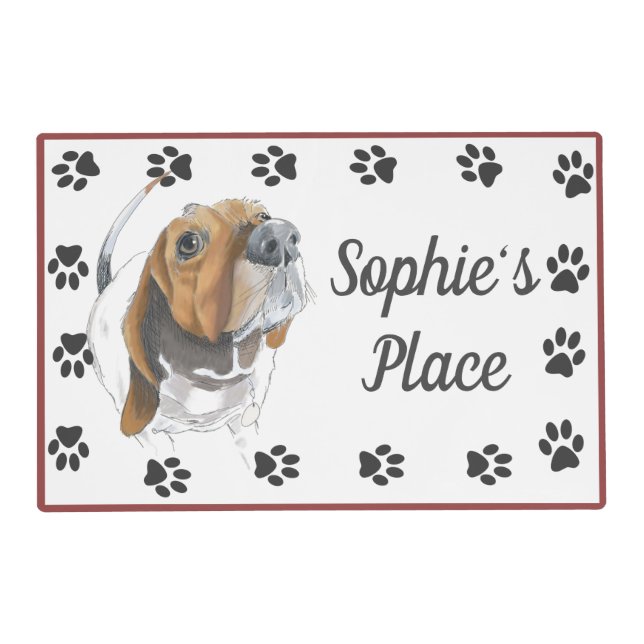 Basset Hound Happy Dog Paw Print Personalized Placemat (Front)
