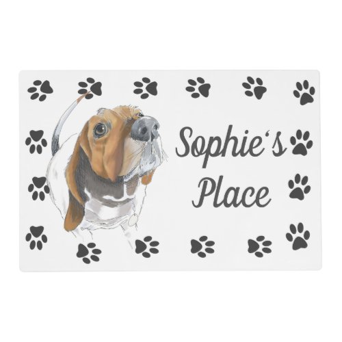 Basset Hound Happy Dog Paw Print Personalized Placemat