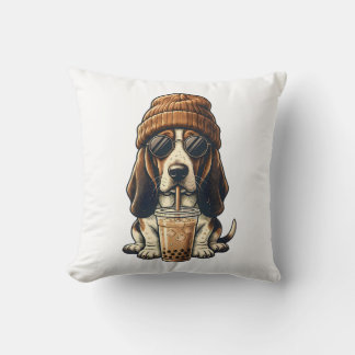 Basset Hound Hipster Dog Drinking Iced Coffee Throw Pillow