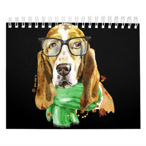 basset hound hipster glasses watercolor art dog calendar