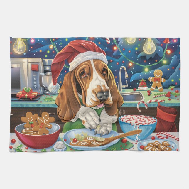 Basset Hound Holiday Baking: Festive Christmas Kitchen Towel (Horizontal)