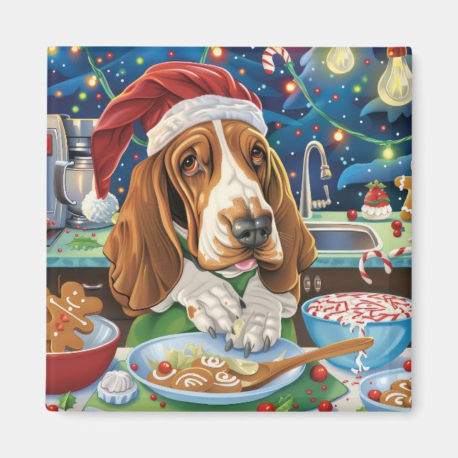 Basset Hound Holiday Baking: Festive Christmas Magnet (Front)