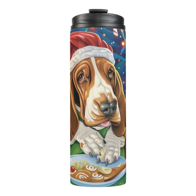 Basset Hound Holiday Baking: Festive Christmas Thermal Tumbler (Front)