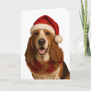 Basset Hound in a Santa hat Christmas card