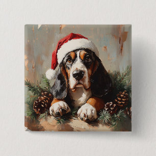 Basset Hound in a Santa Hat Oil Painting Button