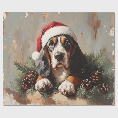Basset Hound in a Santa Hat Oil Painting Decoupage Wrapping Paper