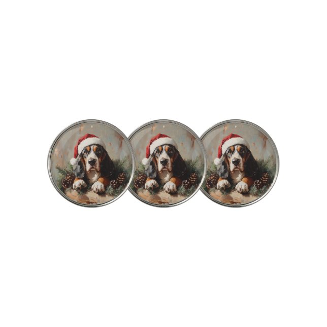 Basset Hound in a Santa Hat Oil Painting Golf Ball Marker (3 Up)