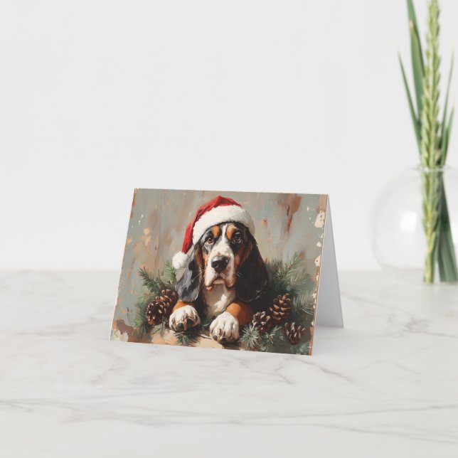 Basset Hound in a Santa Hat Oil Painting Holiday Card (Front)