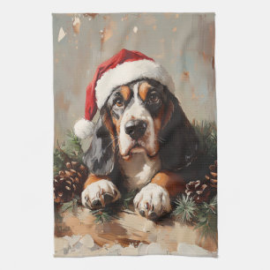 Basset Hound in a Santa Hat Oil Painting Kitchen Towel