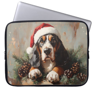 Basset Hound in a Santa Hat Oil Painting Laptop Sleeve