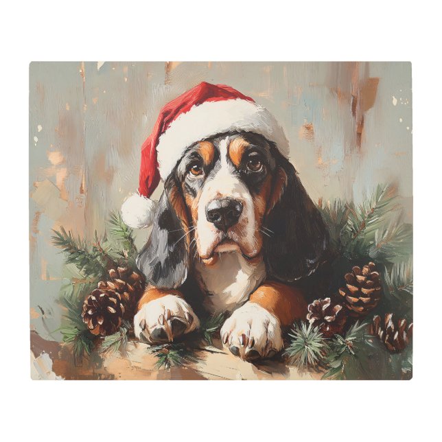 Basset Hound in a Santa Hat Oil Painting Metal Print (Front)