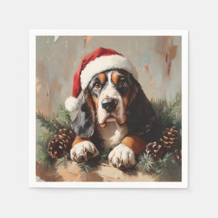 Basset Hound in a Santa Hat Oil Painting Napkins