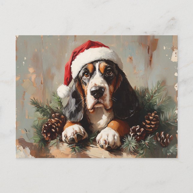 Basset Hound in a Santa Hat Oil Painting Postcard (Front)