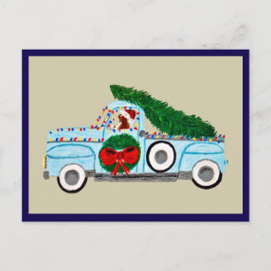 Basset Hound in Antique Pickup Truck at Christmas Postcard