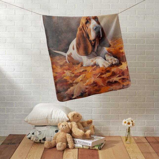 Basset Hound in Autumn Leaves Fall Inspire Baby Blanket (In Situ)
