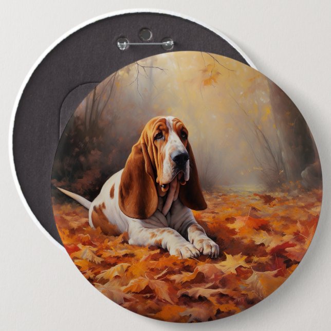 Basset Hound in Autumn Leaves Fall Inspire Button (Front & Back)