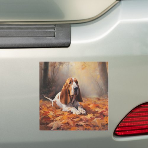 Basset Hound in Autumn Leaves Fall Inspire Car Magnet