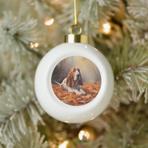 Basset Hound in Autumn Leaves Fall Inspire Ceramic Ball Christmas Ornament