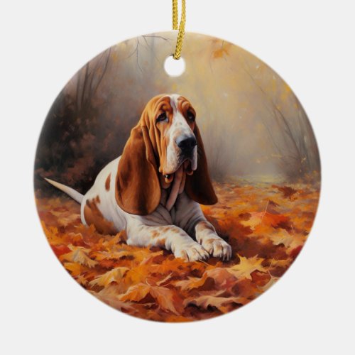 Basset Hound in Autumn Leaves Fall Inspire Ceramic Ornament