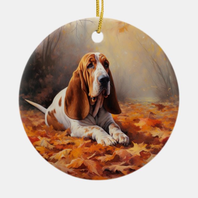 Basset Hound in Autumn Leaves Fall Inspire Ceramic Ornament (Front)