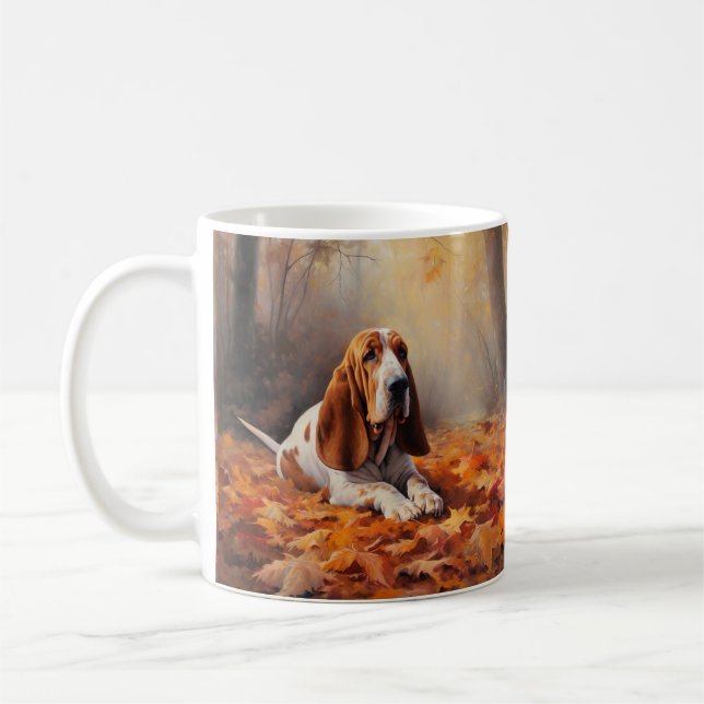 Basset Hound in Autumn Leaves Fall Inspire Coffee Mug (Left)