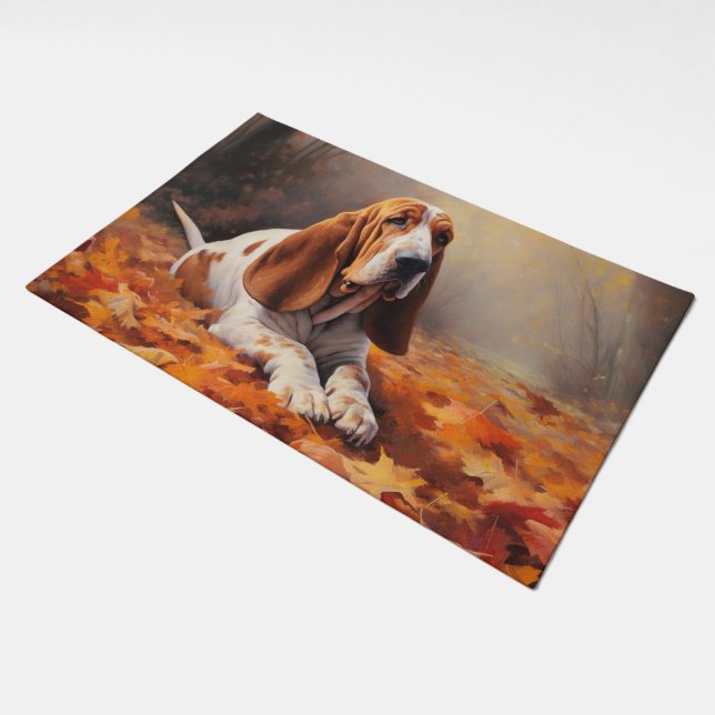 Basset Hound in Autumn Leaves Fall Inspire Doormat (Angled)