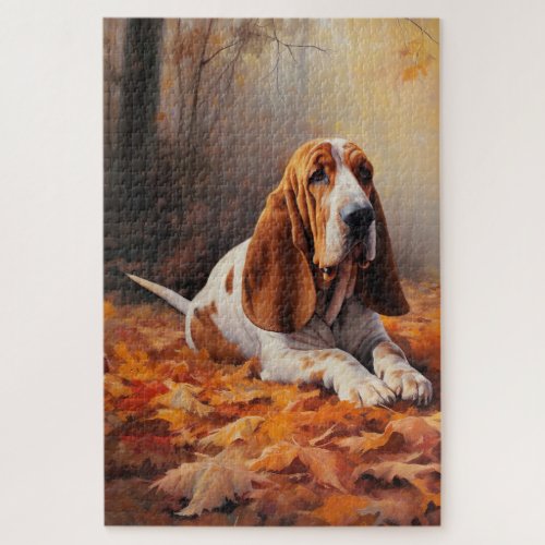 Basset Hound in Autumn Leaves Fall Inspire Jigsaw Puzzle