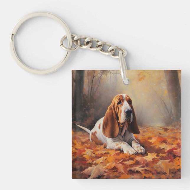 Basset Hound in Autumn Leaves Fall Inspire Keychain (Front)