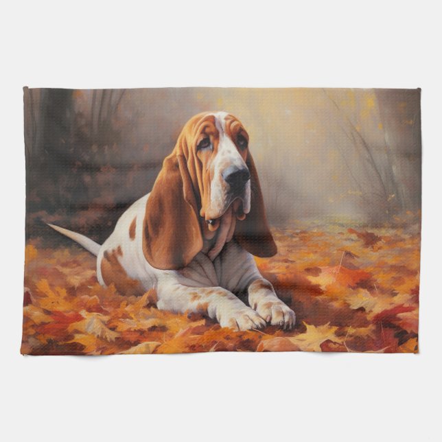 Basset Hound in Autumn Leaves Fall Inspire Kitchen Towel (Horizontal)