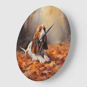 Basset Hound in Autumn Leaves Fall Inspire Large Clock