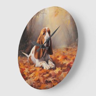 Basset Hound in Autumn Leaves Fall Inspire Large Clock