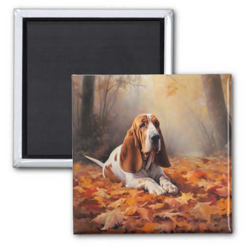 Basset Hound in Autumn Leaves Fall Inspire Magnet
