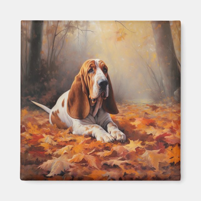 Basset Hound in Autumn Leaves Fall Inspire Magnet (Front)