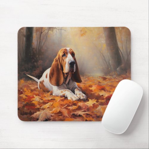 Basset Hound in Autumn Leaves Fall Inspire Mouse Pad
