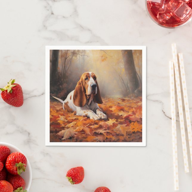 Basset Hound in Autumn Leaves Fall Inspire Napkins (Insitu)