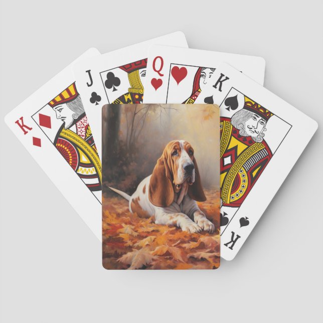 Basset Hound in Autumn Leaves Fall Inspire Poker Cards (Back)