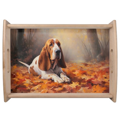 Basset Hound in Autumn Leaves Fall Inspire Serving Tray